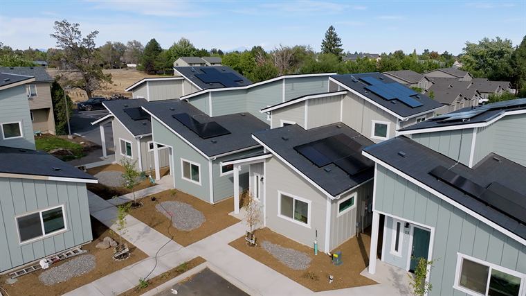 Aerial view of the Habitat for Humanity homes with rooftop solar panels