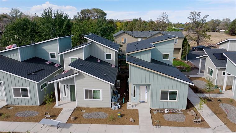 Aerial view of the new Habitat homes and their front yards