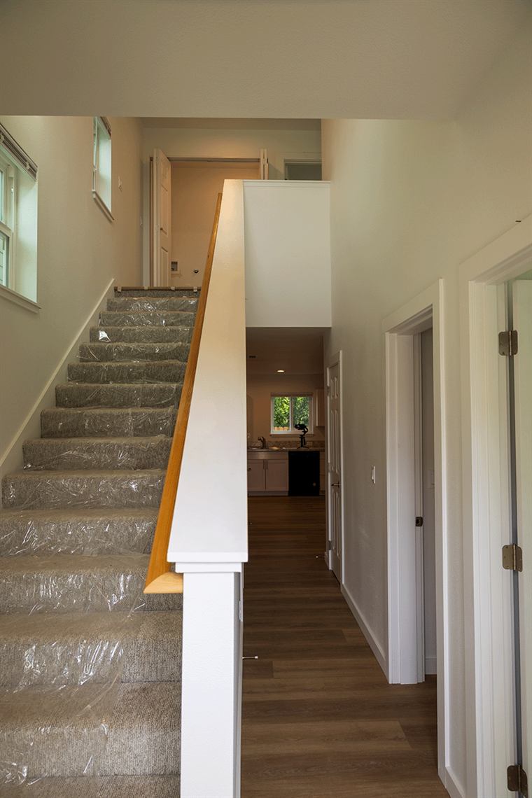 Carpeted staircase leading up from the entry